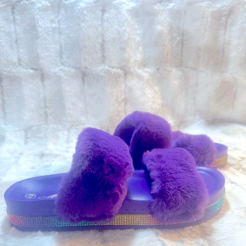 Purple Faux Fur Furry Double Strap Slide In Sandals